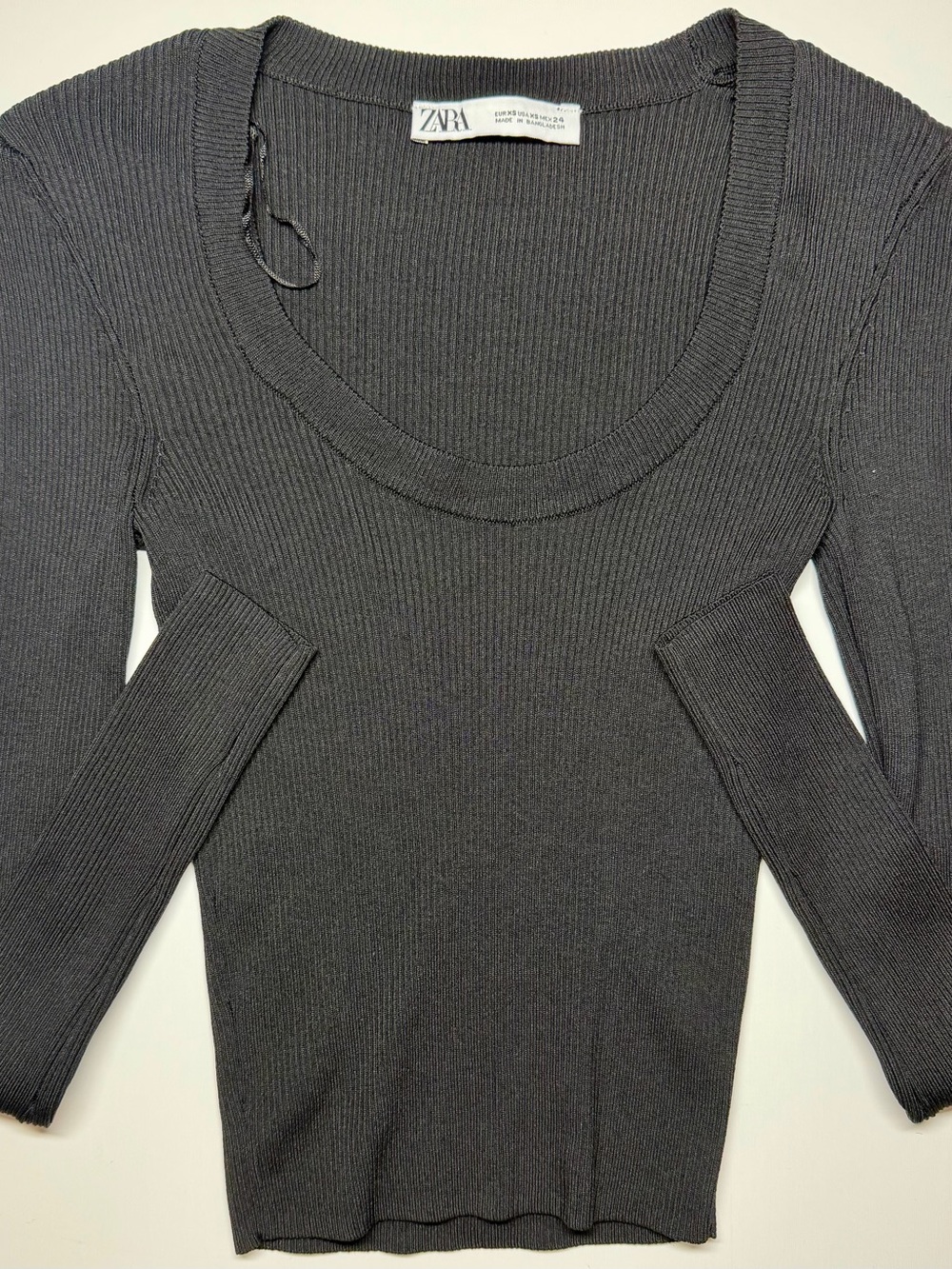 ZARA Black Ribbed Knit Long Sleeve Scoop Neck‎ Top XS